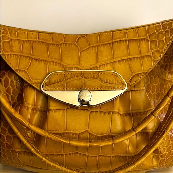 Furla cognac crocodile embossed large leather baguette - Picture 3 of 16